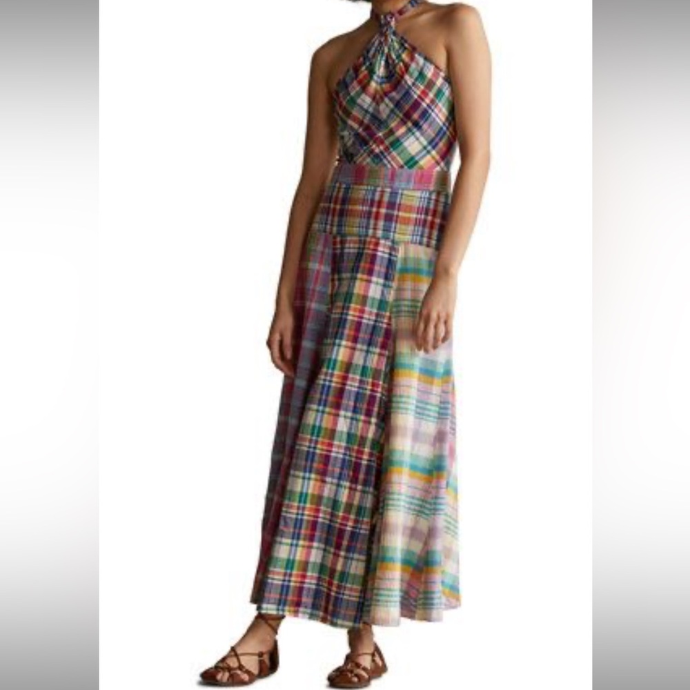 Ralph Lauren Madras Halter Pleated One Shoulder Dress
